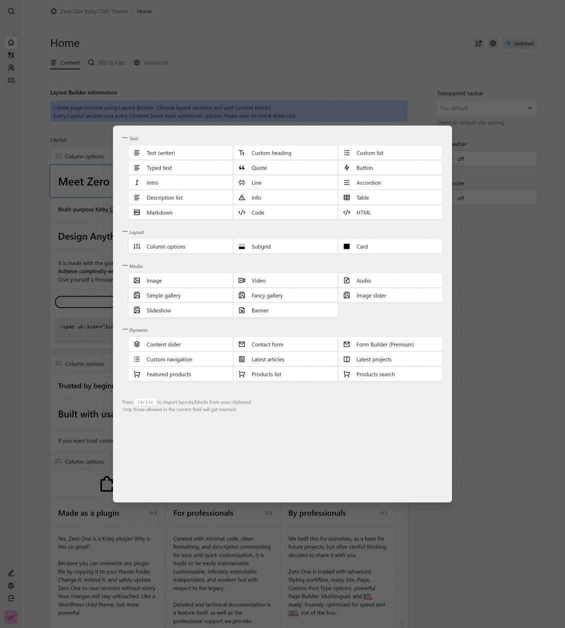 Layout Builder blocks panel